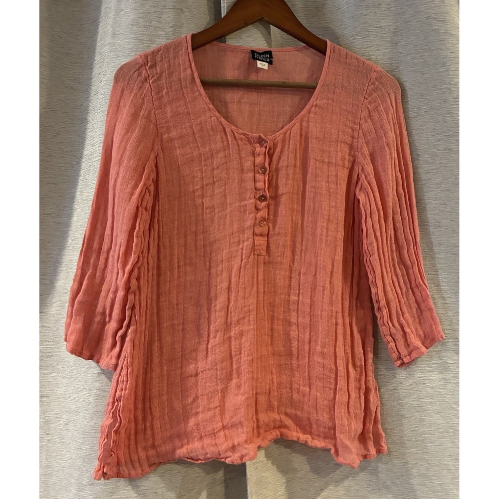 Eileen Fisher 100% Linen Tunic Top Gauze Salmon Relaxed Boho Pink Small